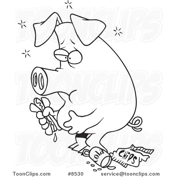 581x600 Cartoon Black And White Line Drawing Of A Stuffed Pig Eating Junk