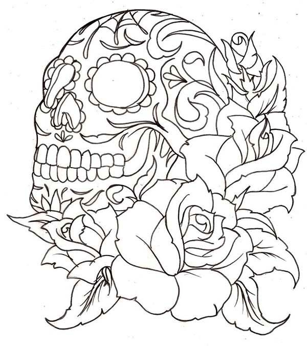 600x677 Skull And Roses Coloring Pages
