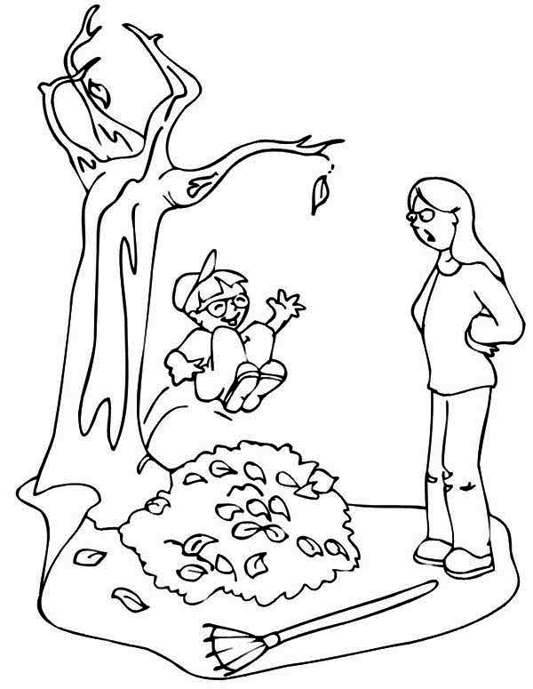 600x775 Kid Jumping To Pile Of Fall Leaf Coloring Page