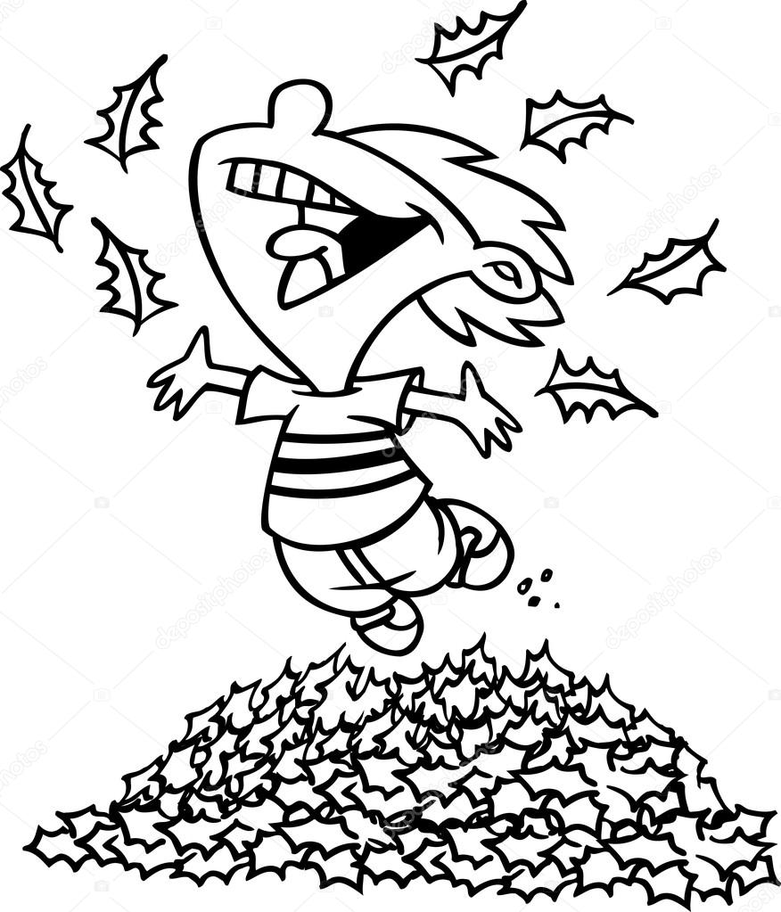876x1023 Cartoon Boy Jumping In Leaf Pile Stock Vector Ronleishman