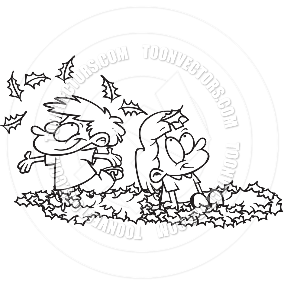 940x940 Cartoon Kids Playing In Leaf Pile (Black And White Line Art) By