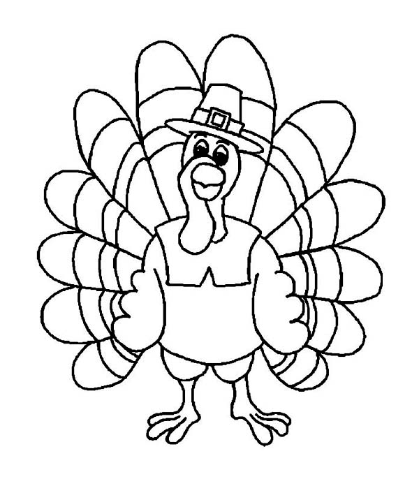 600x686 Friendly Thanksgiving Day Turkey With Pilgrim Hat Coloring Page