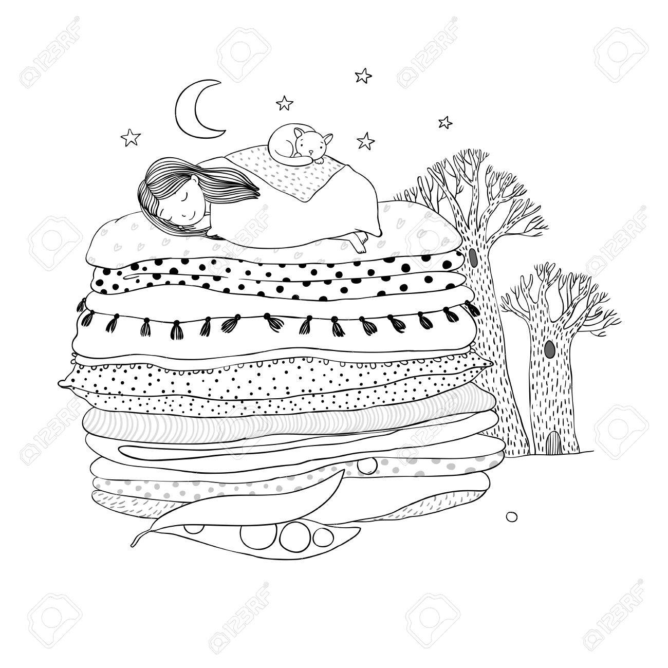1300x1300 Princess On The Pea. Blankets And Pillows. Hand Drawing Isolated