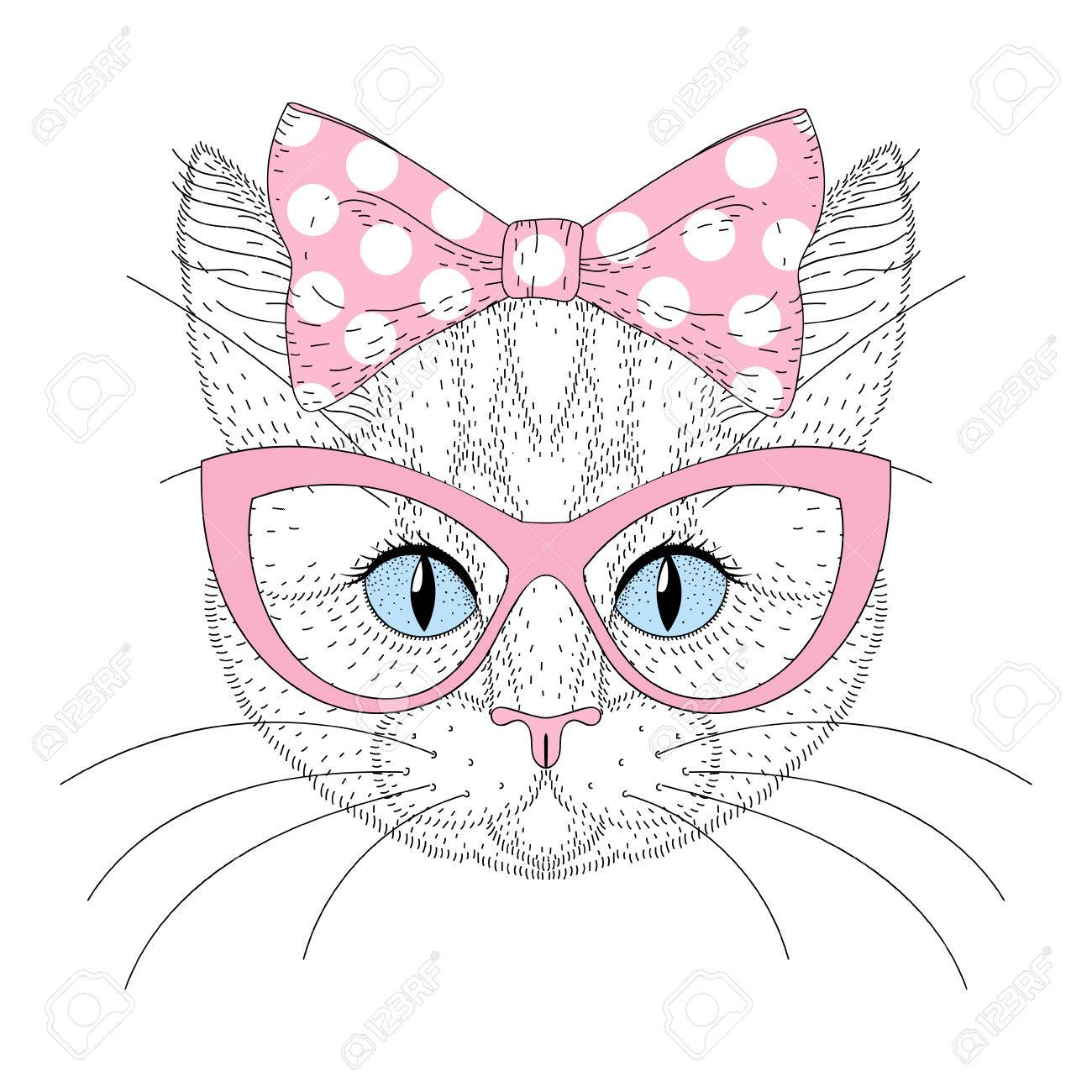 1300x1300 Cute Cat Portrait With Pin Up Bow Tie On Head, Sunglasses. Hand