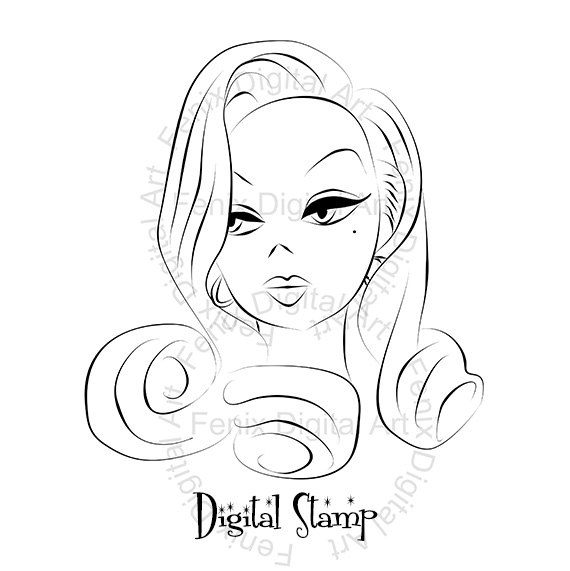 570x571 Digital Stamp,clipart,line Art,pin Up Lady,girl Graphics,girl