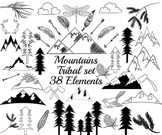 570x475 Tribal Clip Art Set,mountain Clipart,doodle Clipart,hand Drawn