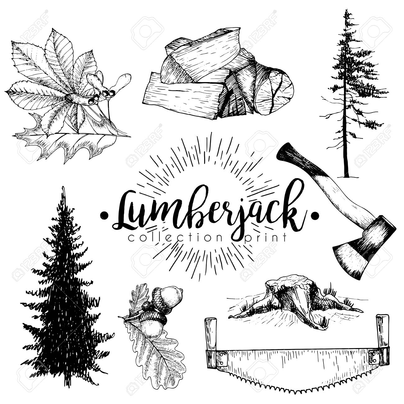 1300x1300 Vectro Set Of Timber Print Collection. Stamp, Axe, Pine Trees