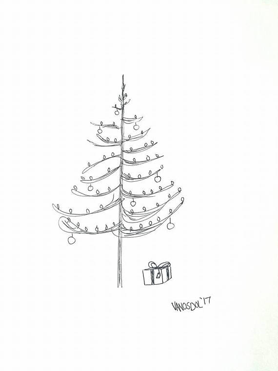570x760 Original Christmas Tree Gel Pen Ink Sketch Art By Scott D Van
