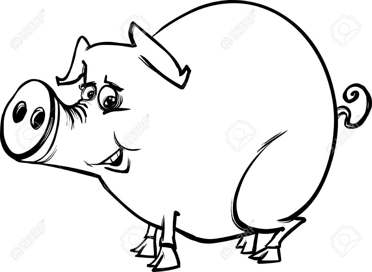 1300x949 Black And White Cartoon Sketch Illustration Of Funny Pig Farm