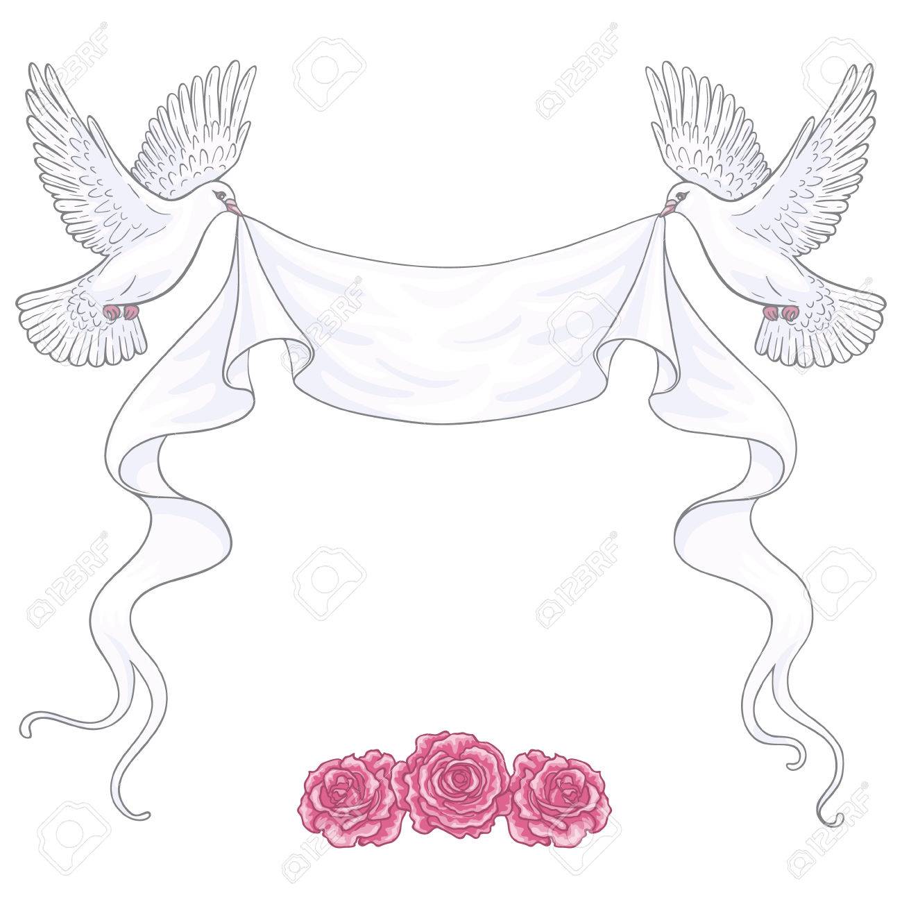 1300x1300 Hand Drawn White Flying Doves With Banner Ribbon And Pink Roses