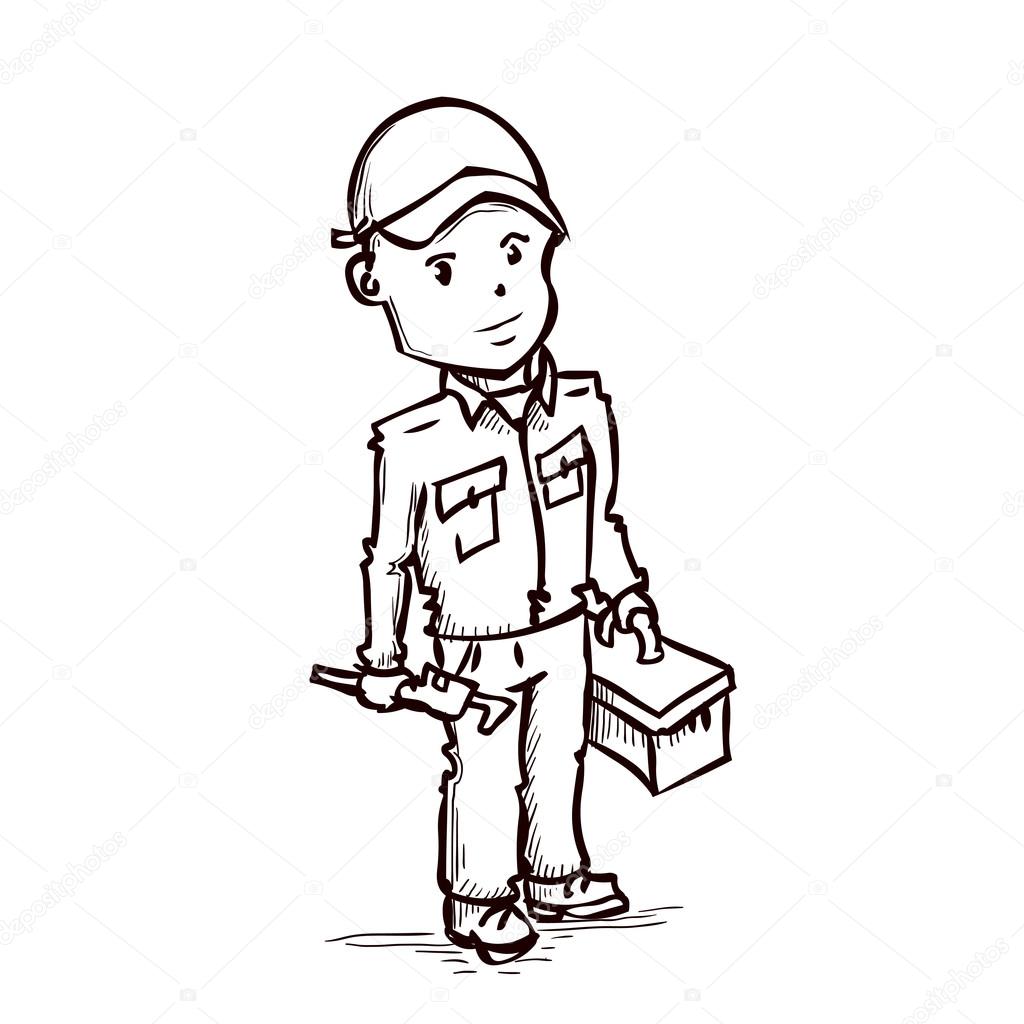 1024x1024 Plumber With The Adjustable Wrench And Tool Box. Stock Vector