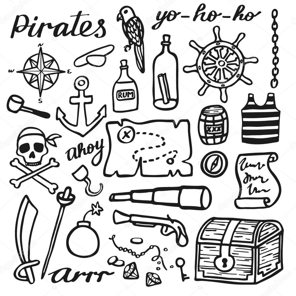 1024x1024 Pirate Set, Sea And Treasures. Hand Drawn Cartoon Collection