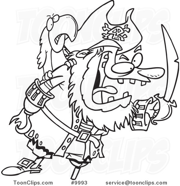 581x600 Cartoon Black And White Line Drawing Of A Tough Pirate And Bird