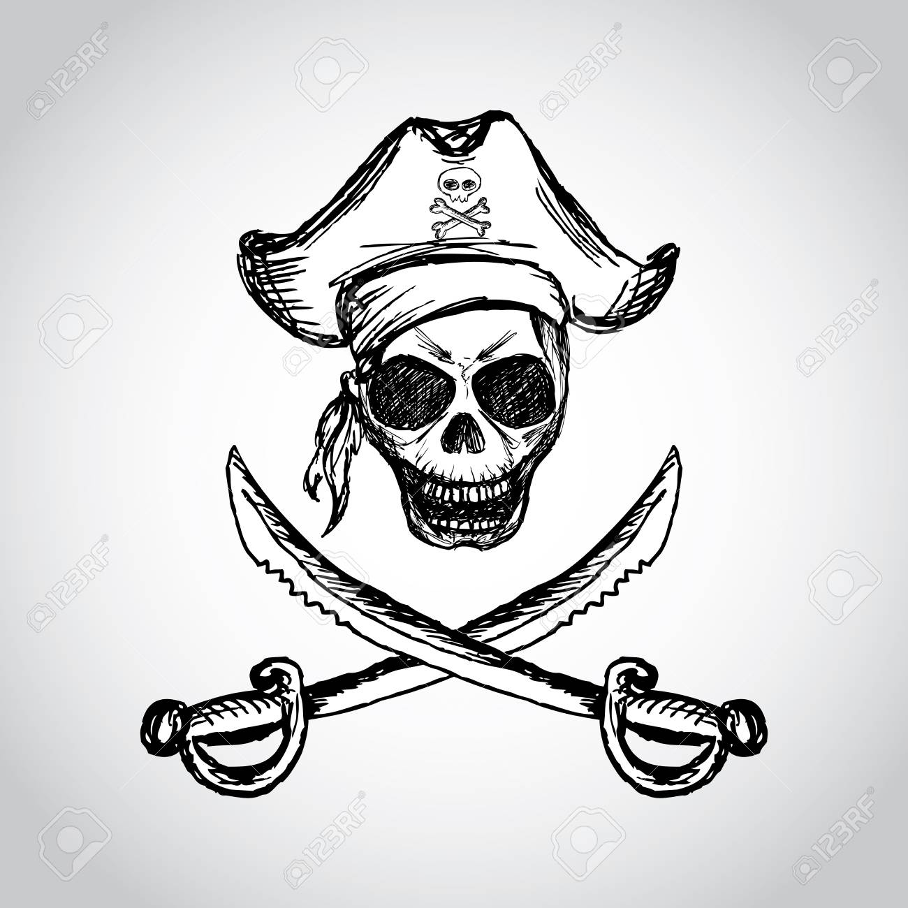 1300x1300 Pirate Skull With Hat And Crossed Swords, Hand Drawing, Vector