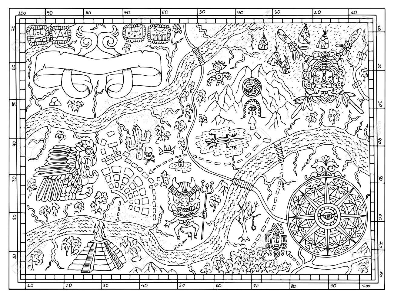 1300x985 Ancient Maya Or Pirate Map For Adult Or Kids Coloring Book. Hand
