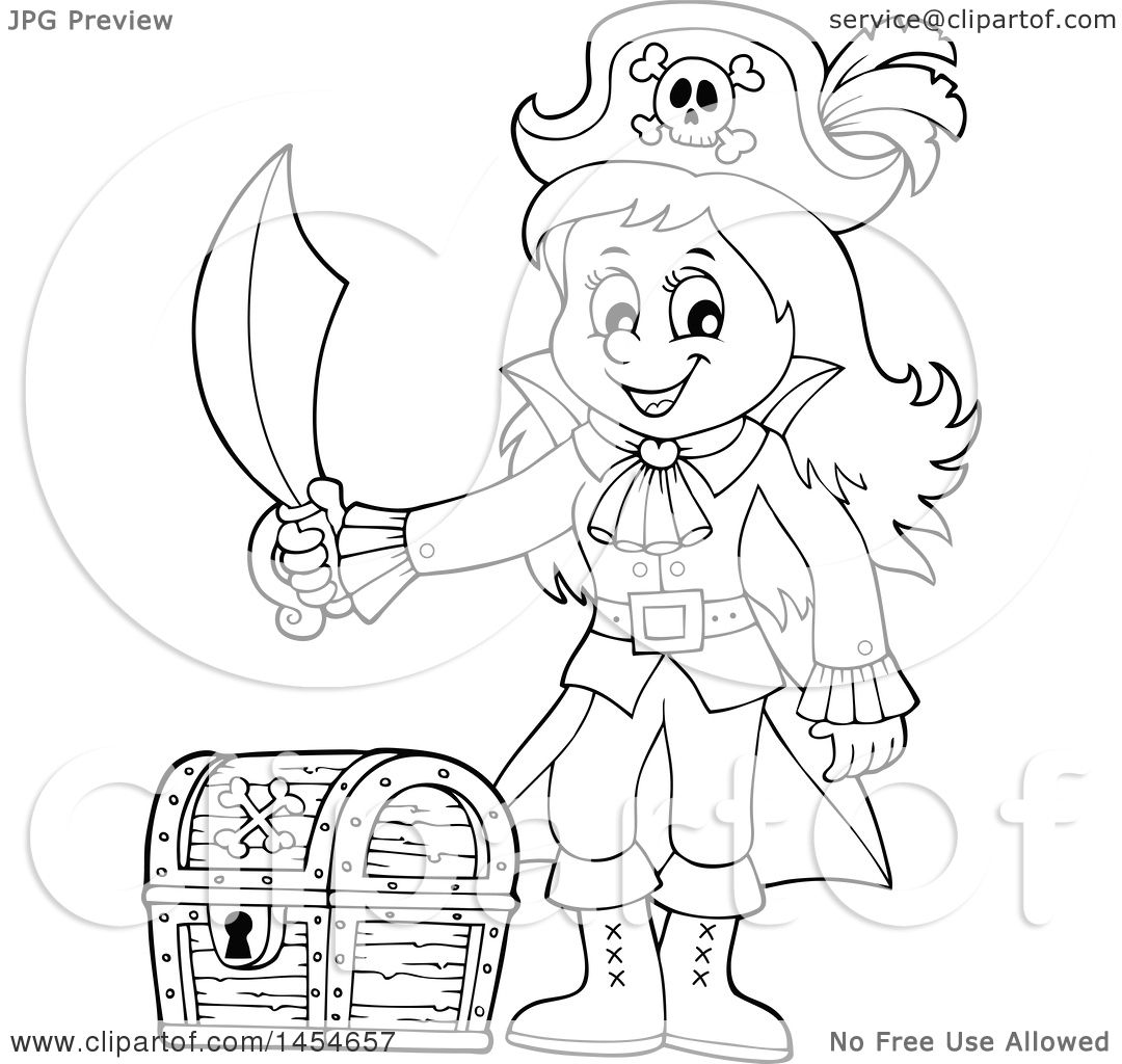 1080x1024 Clipart Graphic Of Cartoon Blacknd White Pirate Girl Holding