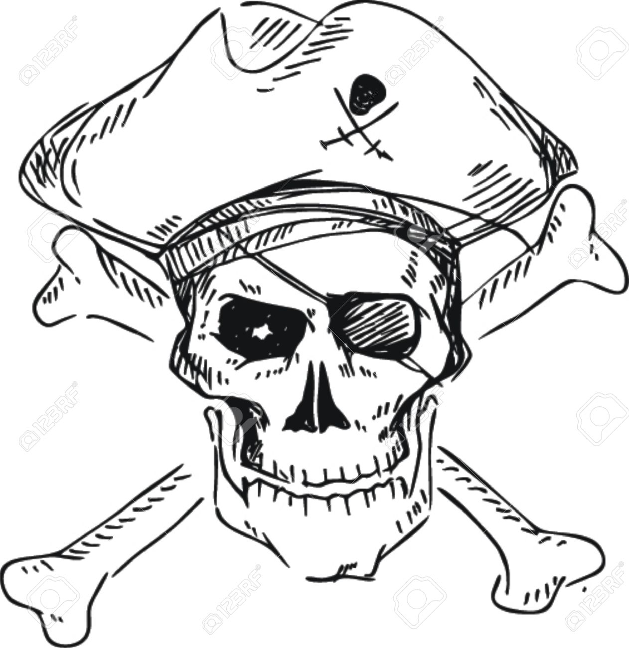1262x1300 Pirate Skull With Hat And Cross Bones ,doodle Style Royalty Free