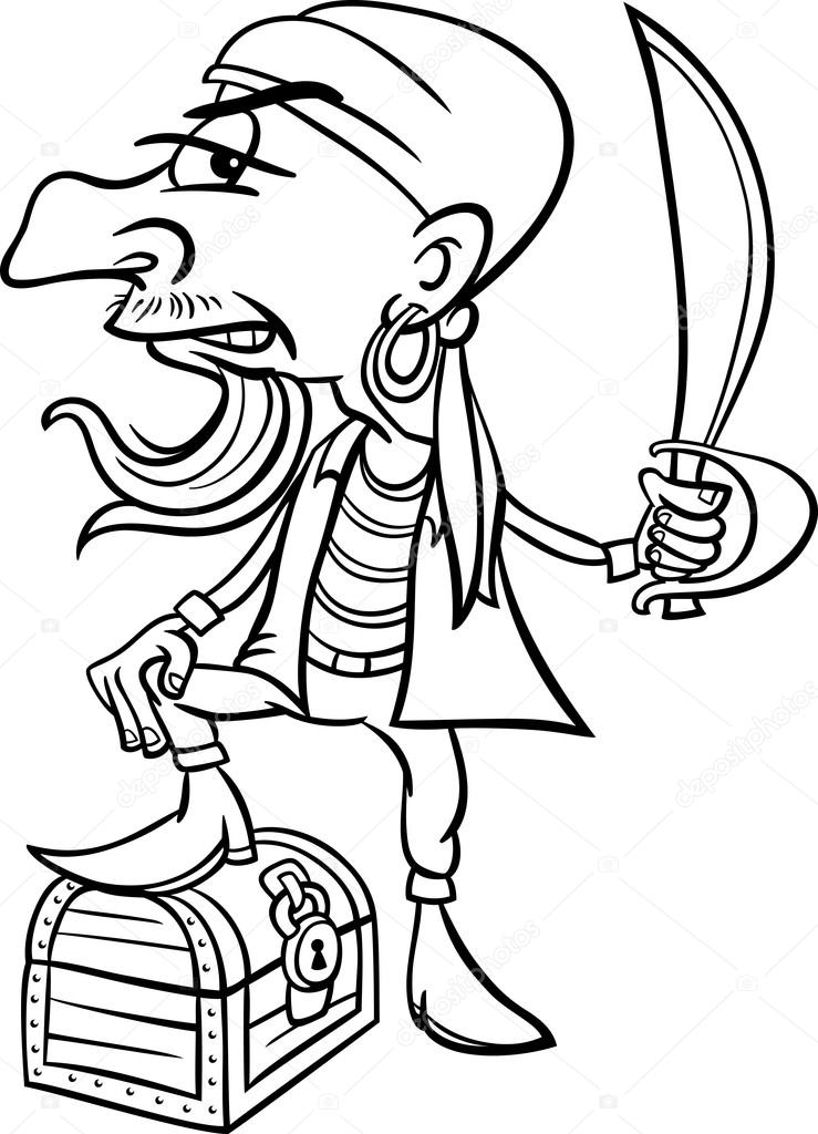 739x1024 Pirate With Treasure For Coloring Book Stock Vector Izakowski