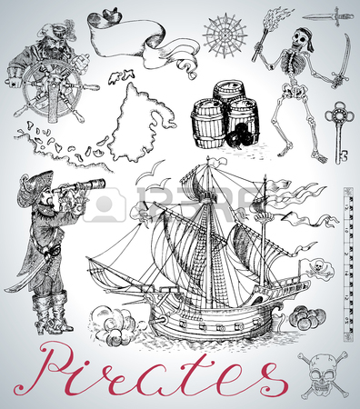 396x450 Design Set With Graphic Drawings Of Pirates, Ship, Skeleton