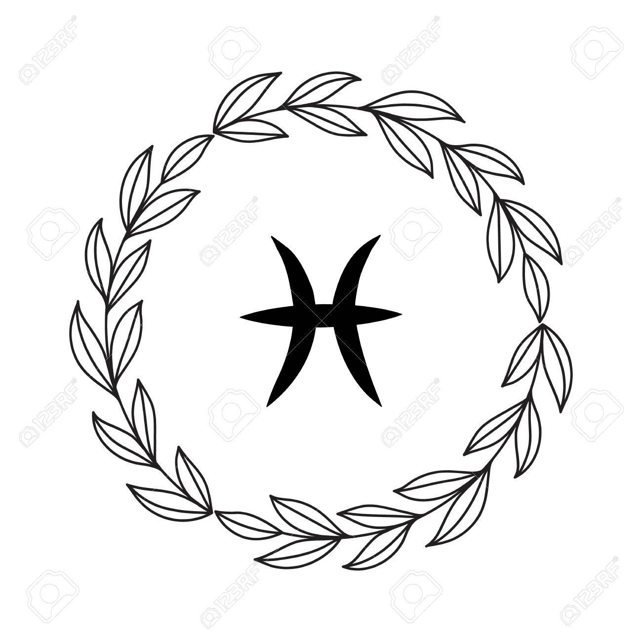 1300x1300 Hand Drawing Flat Pisces Symbol In Rustic Floral Wreath Royalty