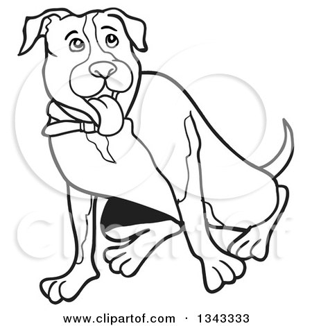 450x470 Lineart Clipart Of A Cartoon Black And White Pitbull Dog Sitting