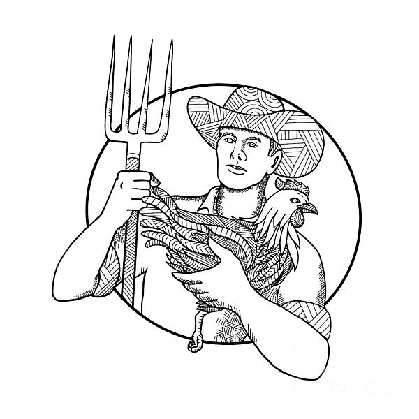 600x600 Farmer Holding Hen Pitchfork Zentagle Digital Art By Aloysius