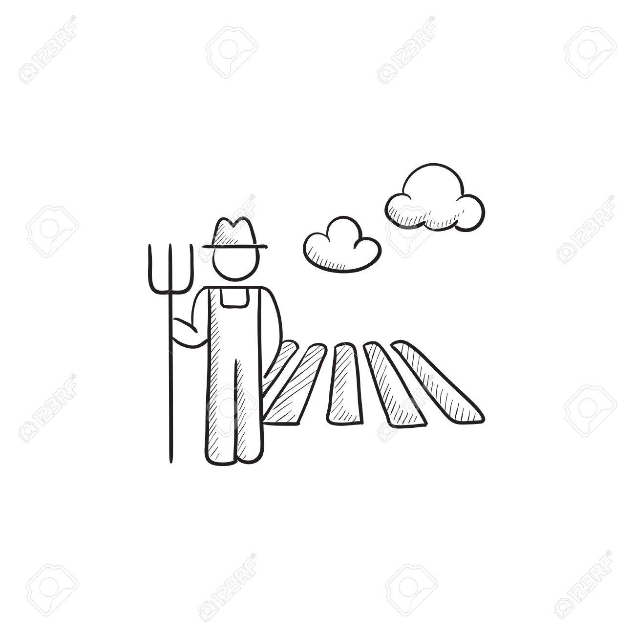 1300x1300 Farmer With Pitchfork At Field Sketch Icon For Web, Mobile