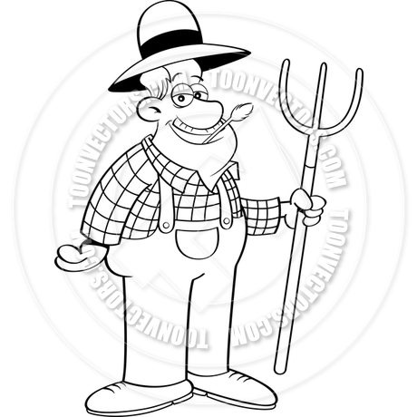 460x460 Cartoon Farmer Holding A Pitchfork (Black Amp White Line Art) By