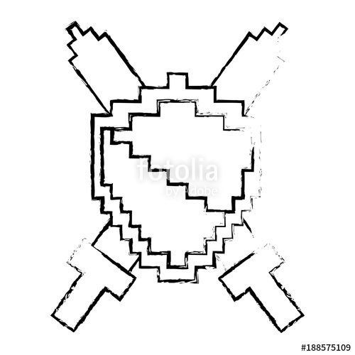 500x500 Pixelated Shield And Swords Video Game Vector Illustration Sketch