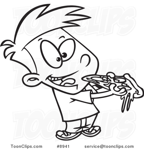 581x600 Cartoon Black And White Line Drawing Of A Boy Eating Pizza