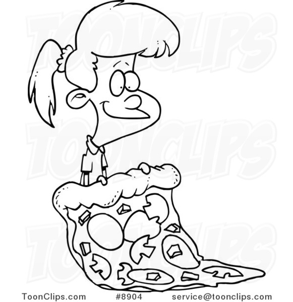 581x600 Cartoon Black And White Line Drawing Of A Girl With A Giant Pizza