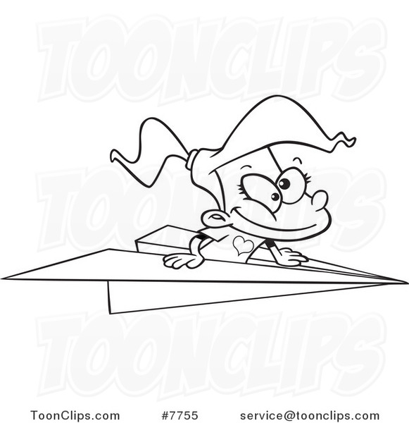 581x600 Cartoon Black And White Line Drawing Of A Girl Flying In A Paper