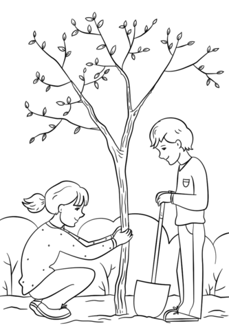 333x480 Girl And Boy Planting A Tree Coloring Page Free Printable