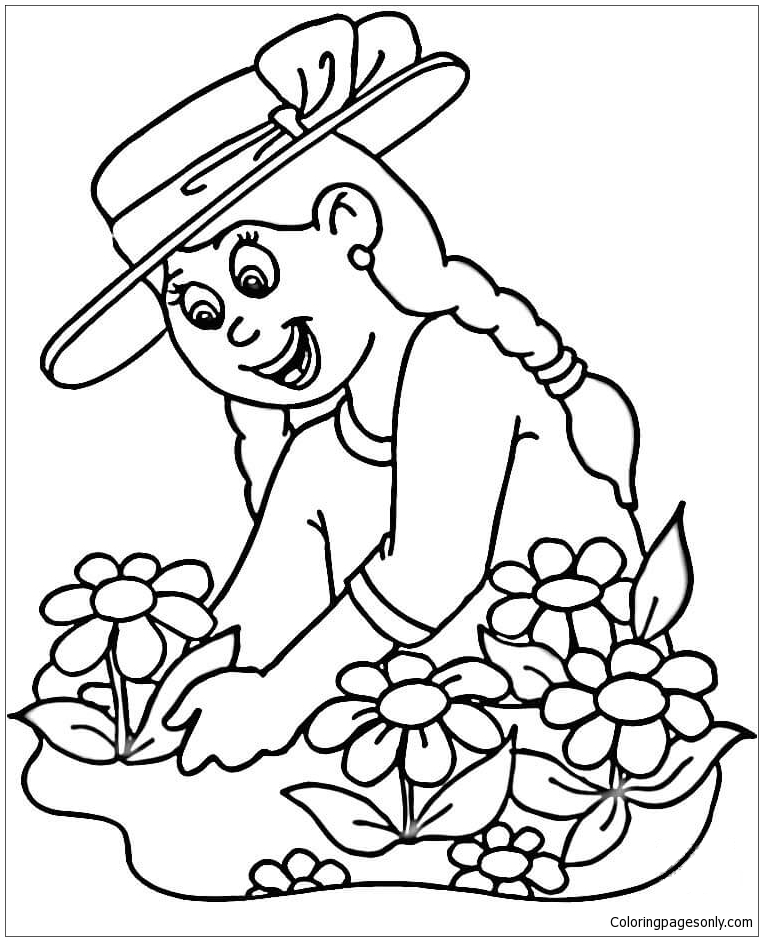 763x941 Girl Planting Flowers Coloring Page
