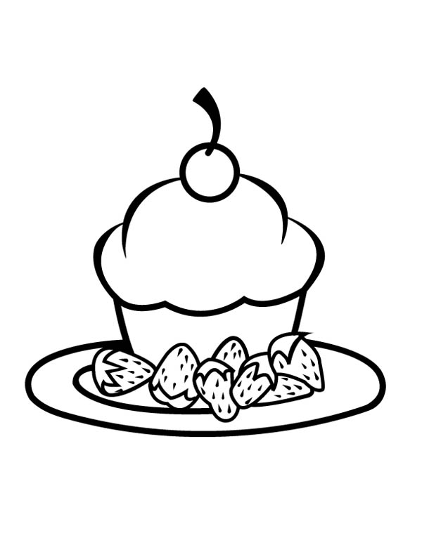 600x776 Cupcake With Strawberry On Plate Coloring Page
