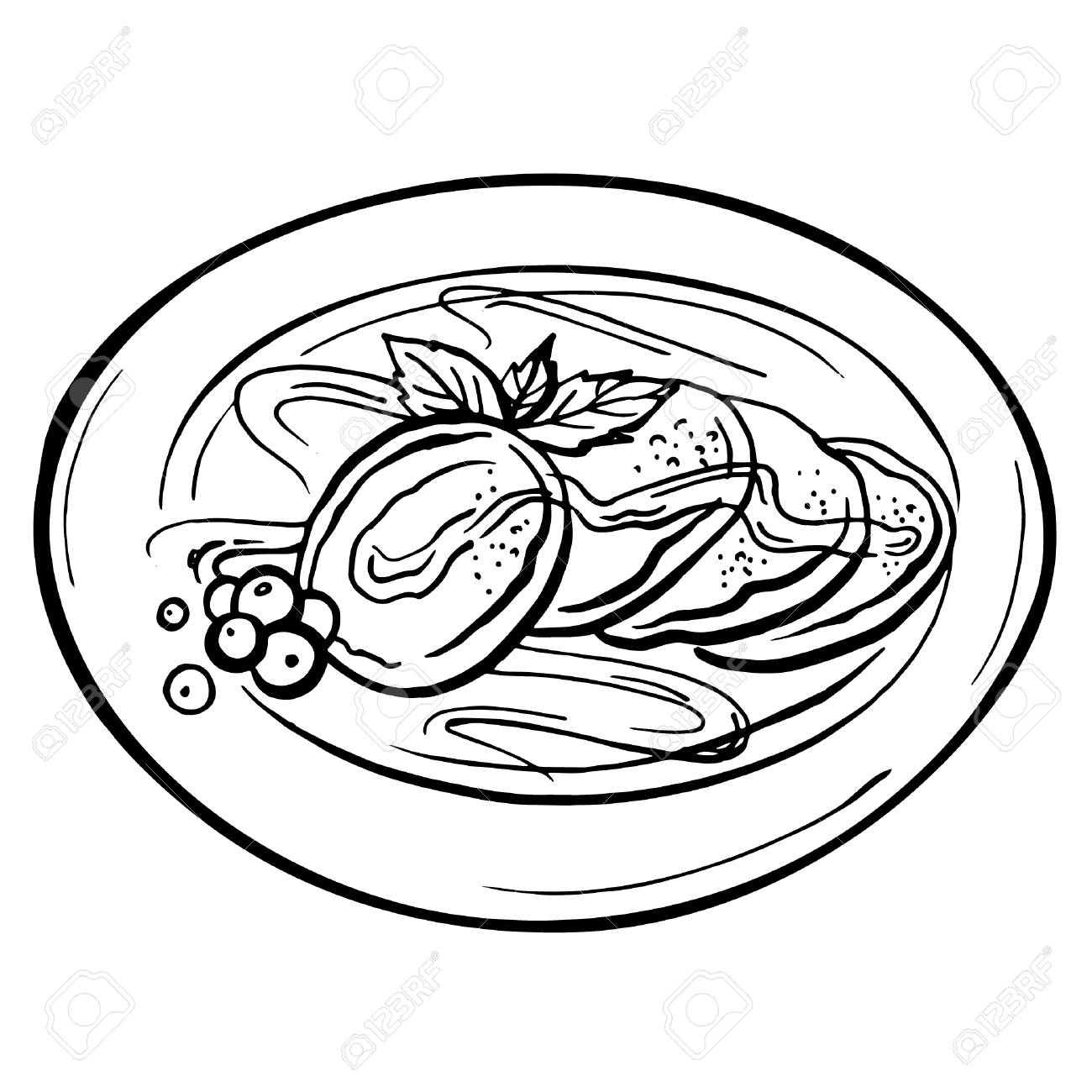 1300x1300 Pancakes With Fresh Berries On The Plate. Cartoon Sketch Drawn