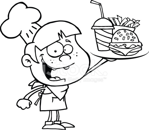 502x439 Black And White Boy Chef Holding Plate Of Fast Food Stock Vector