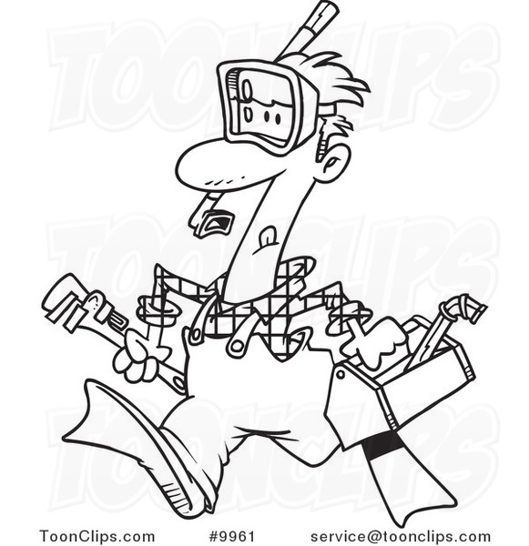 581x600 Cartoon Black And White Line Drawing Of A Plumber Wearing Goggles