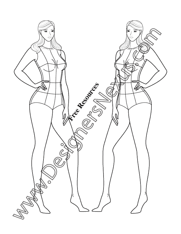 612x792 Plus Size Female Fashion Croqui Pose Three Quarter View Template