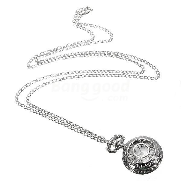 600x600 Dreamclub Antique Silver Hollow Round Pocket Watch Necklace Chain