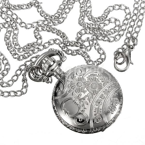 600x600 Dreamclub Antique Silver Hollow Round Pocket Watch Necklace Chain