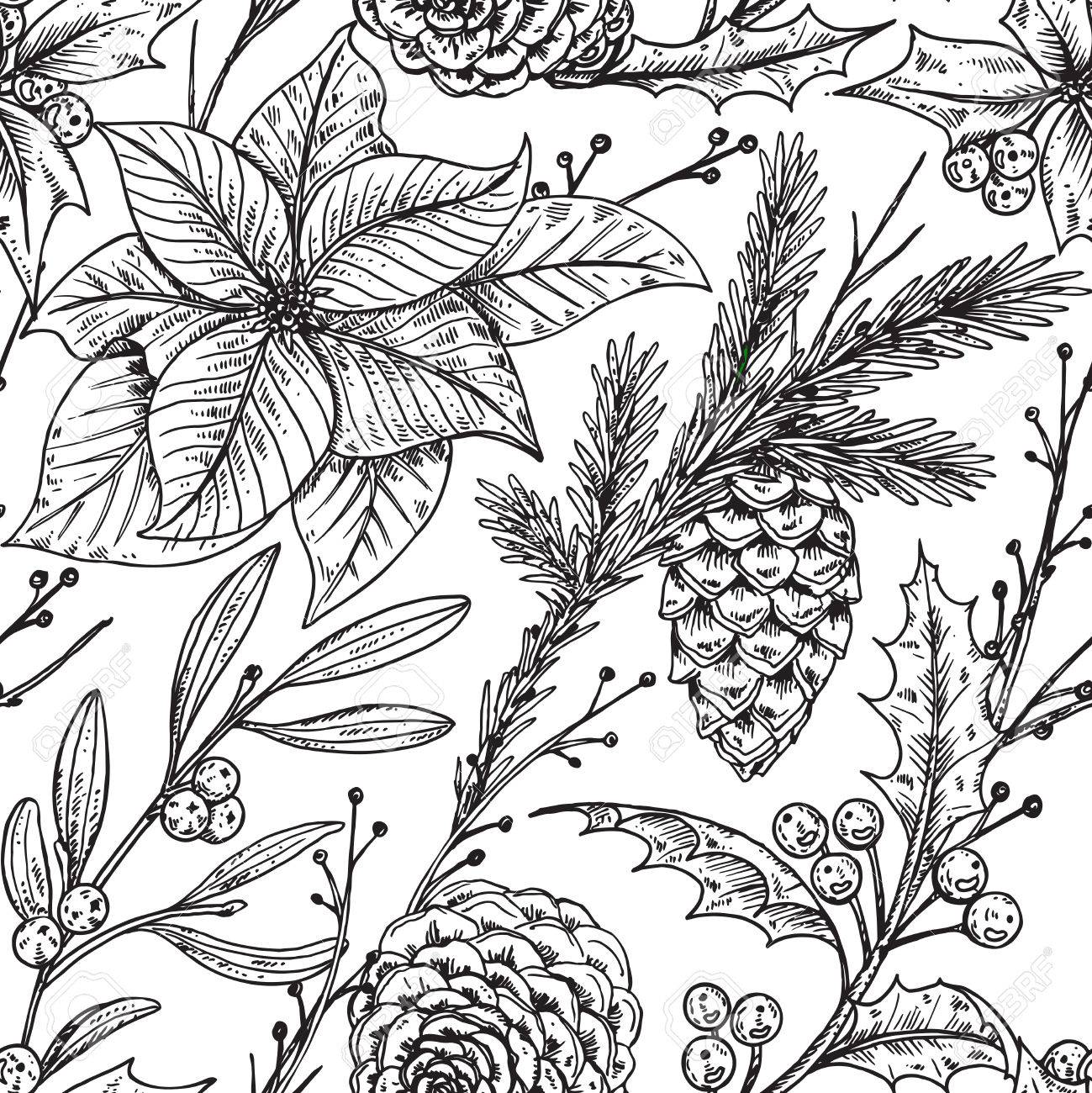1299x1300 Seamless Pattern With Hand Drawn Winter Plants