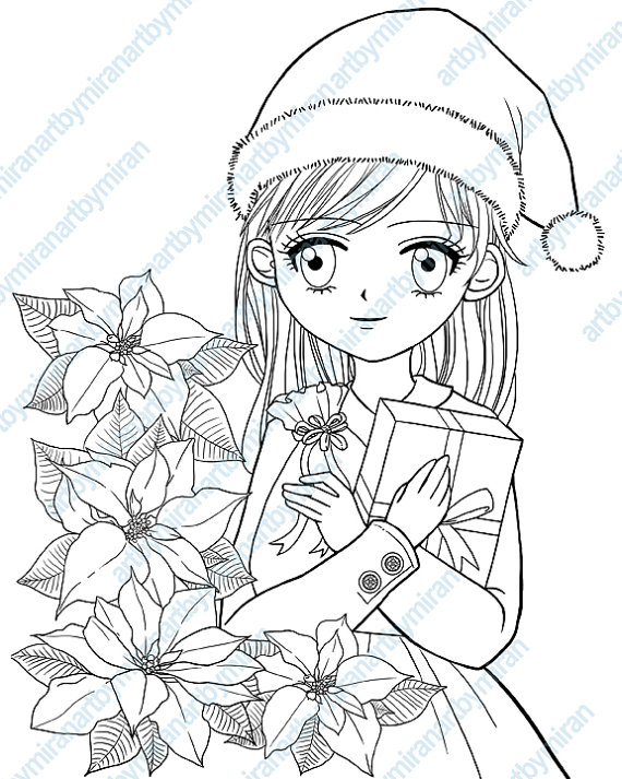 570x713 Christmas Digital Stamp Poinsettia And Girl Coloring Page