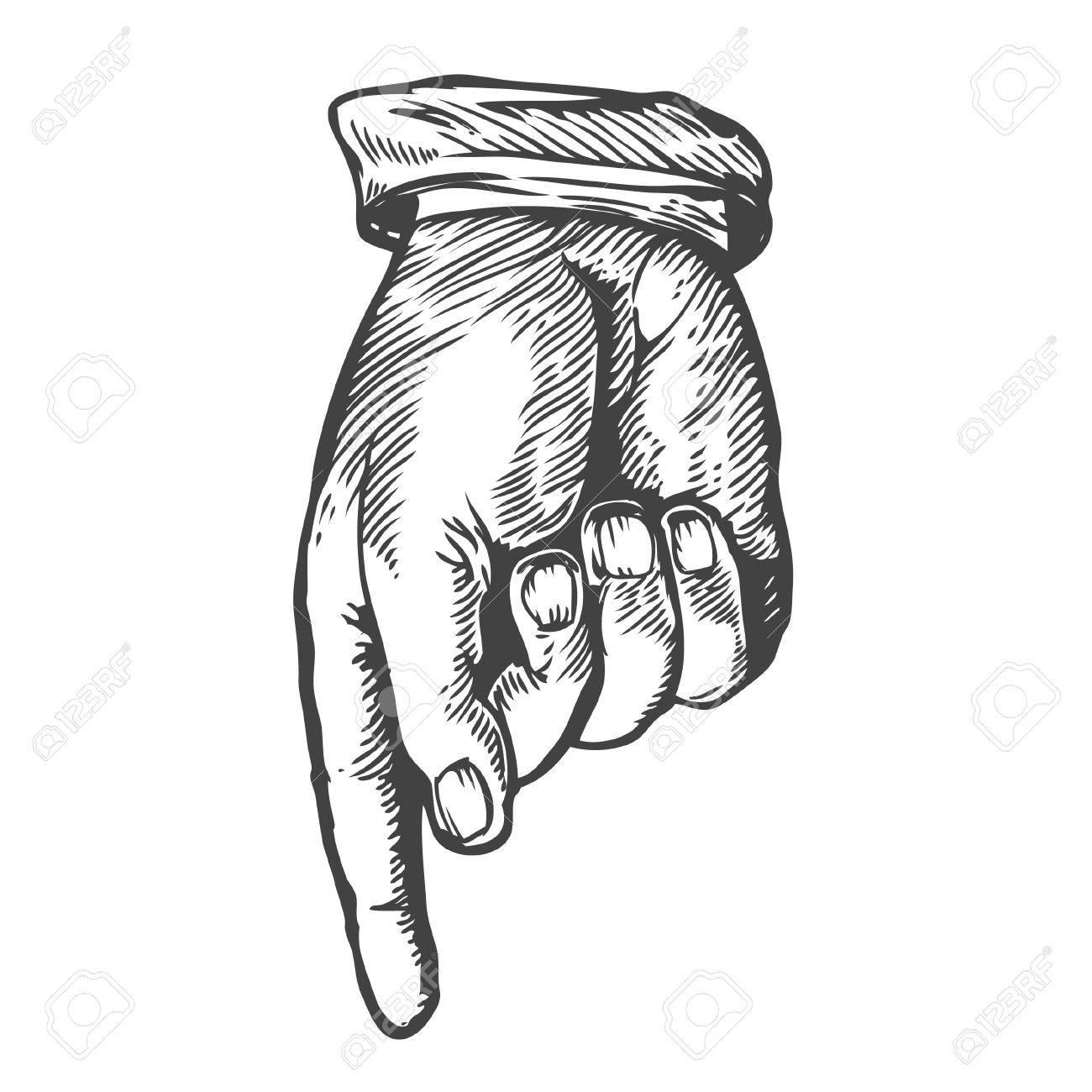 1300x1300 Pointing Down Finger Vector Illustration. Engraving Style. Royalty