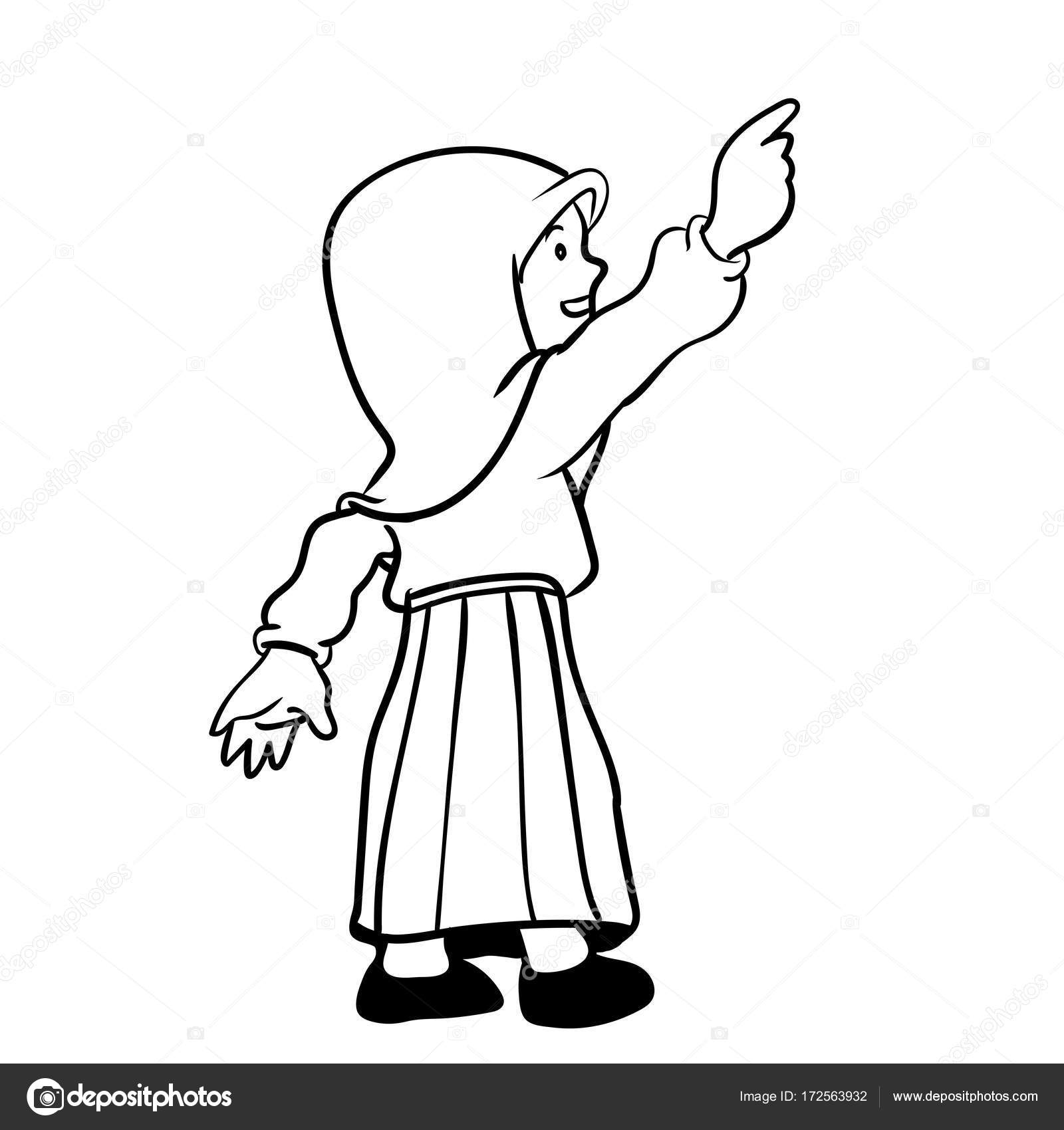 1600x1700 Hand Drawn Muslim Girl Pointing Up Cartoon Vector Stock Vector