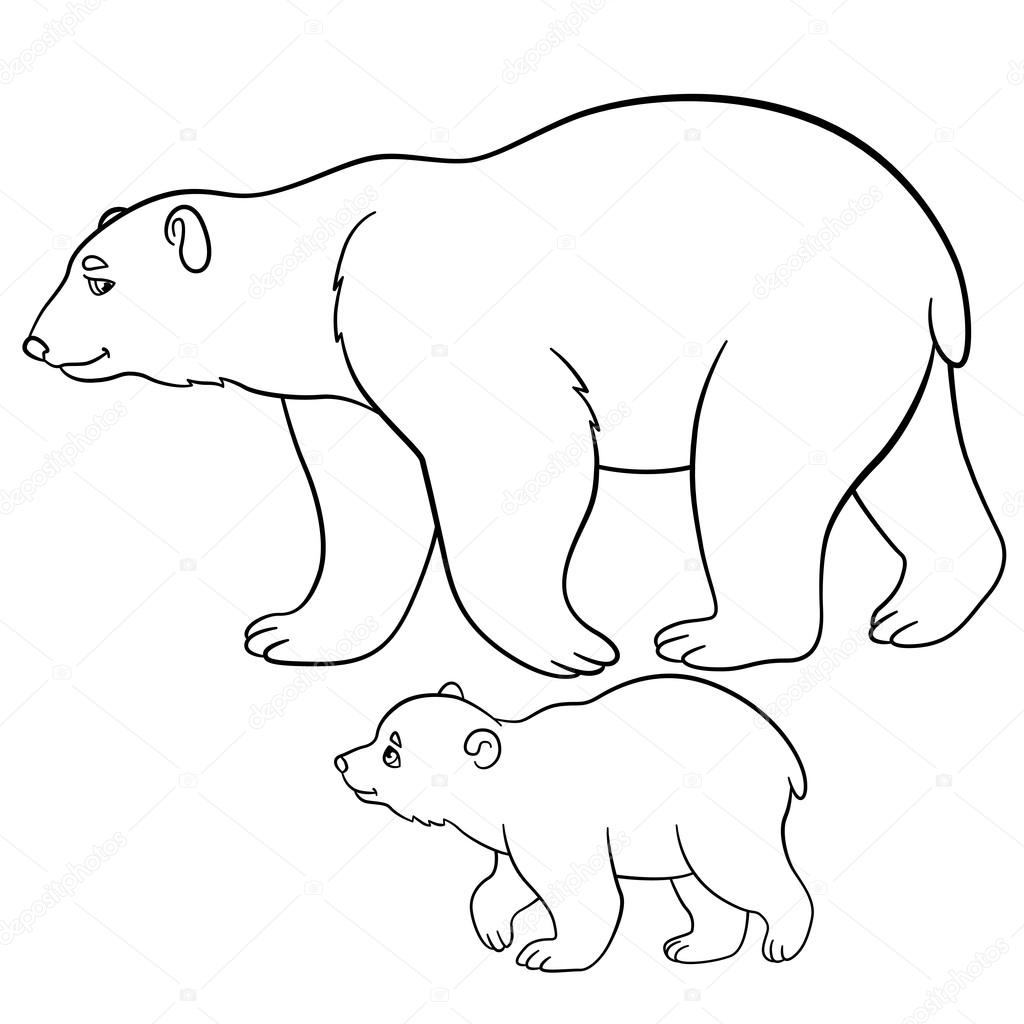 1024x1024 Coloring Pages. Mother Polar Bear Walks With Her Baby. Stock