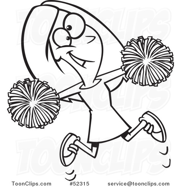 581x600 Cartoon Black And White Happy Cheerleader Jumping With Pom Poms