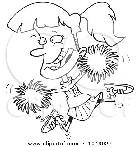 450x470 Cartoon Of A Happy Cheerleader Jumping With Green Pom Poms