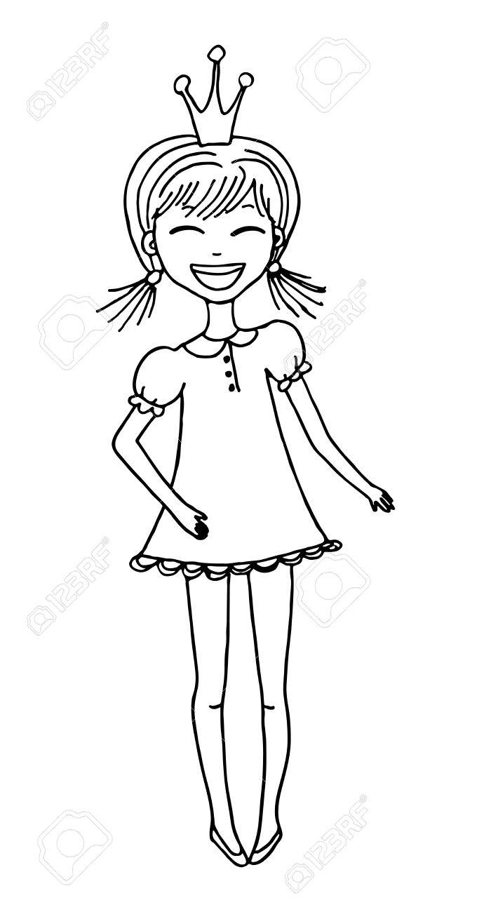 700x1300 Little Princess Outline Vector Illustration. Cute Smiling Girl