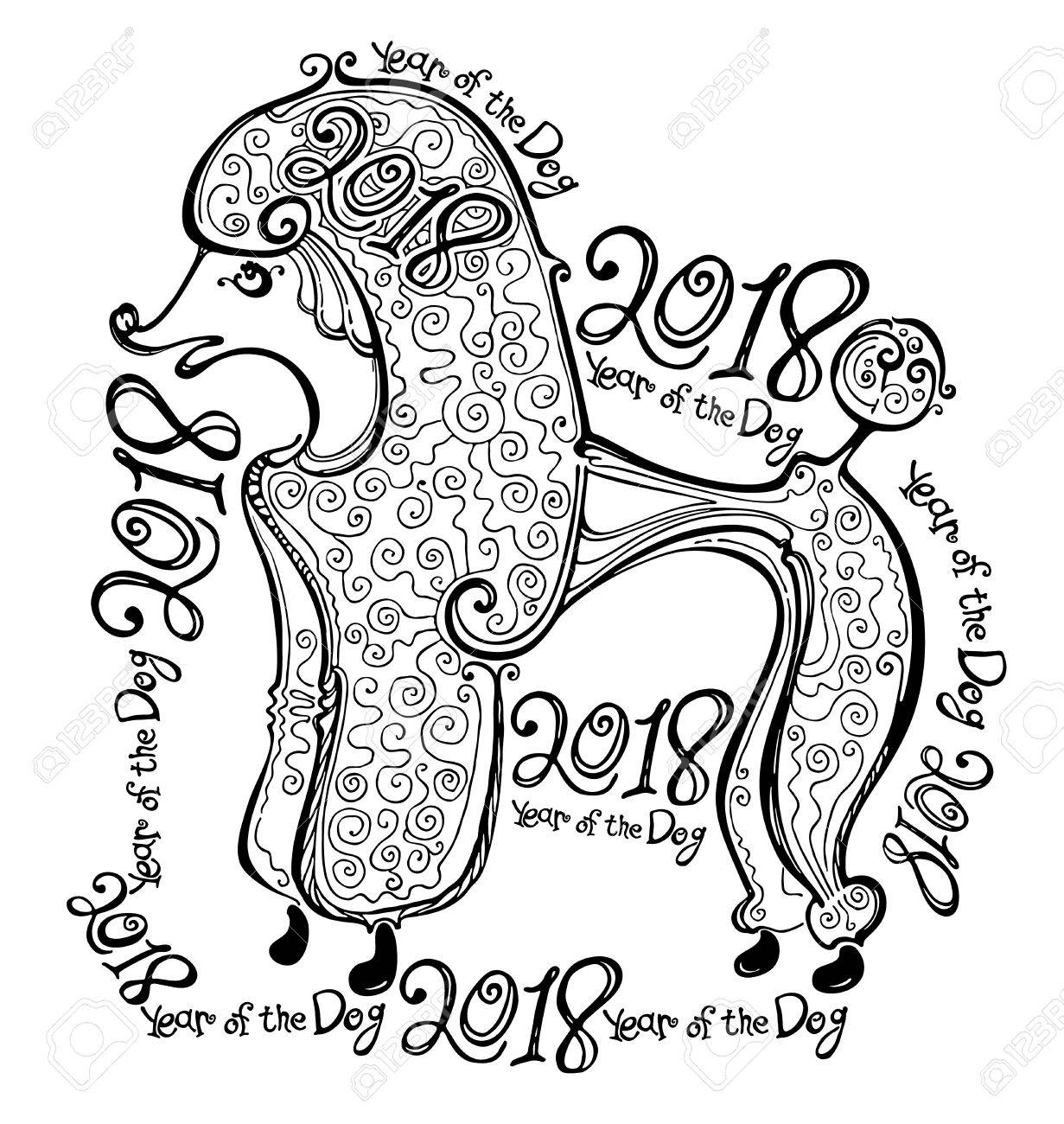 1231x1300 Poodle 2018. Year Of The Dog. Black And White Hand Drawn Graphics